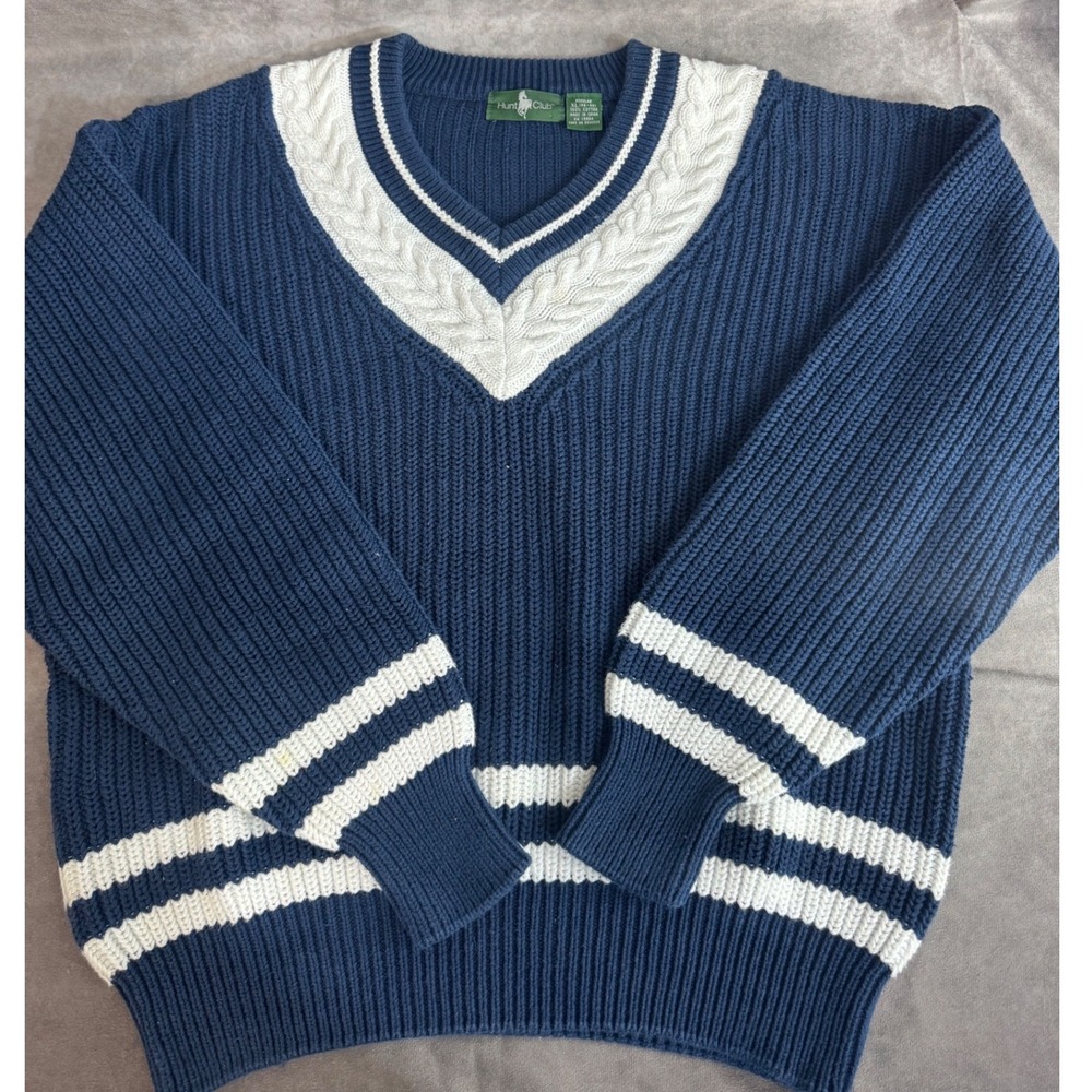 Hunt‎ Club Vintage Navy Blue White Varsity V-Neck Cotton Ribbed Sweater XL